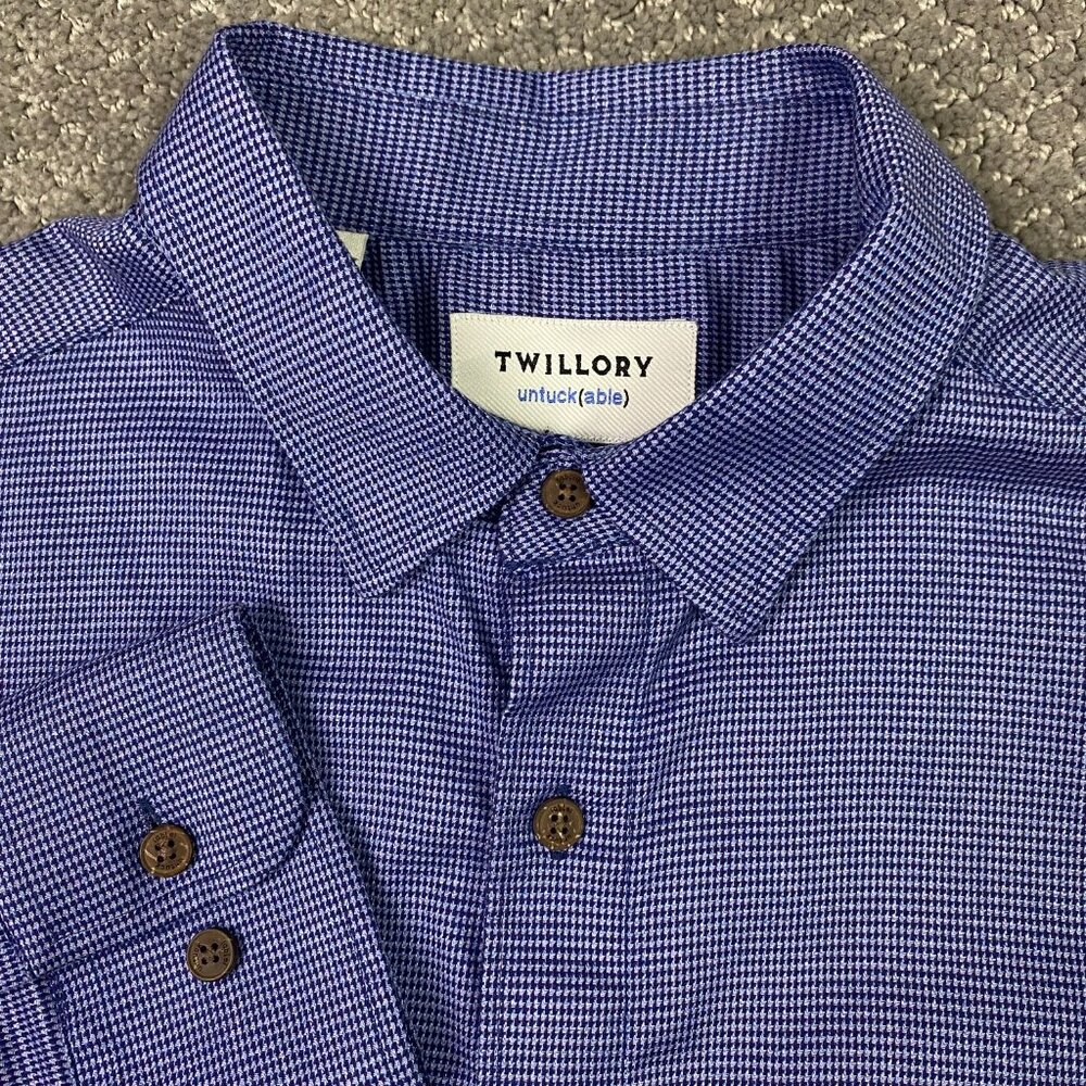 Twillory Untuckable Shirt Men's Large Tailored Fit Blue Houndstooth Button Down